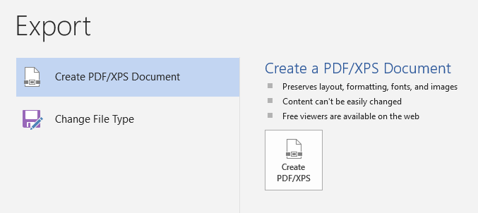 Export options in Microsoft Word.